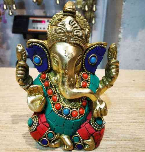 Brass Ganpati Statue in multicolour Stones