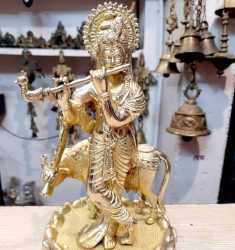 Brass Murlidhar Krishna Statue with Cow
