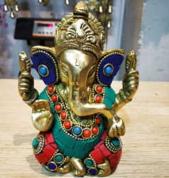 Brass Ganpati Statue in multicolour Stones