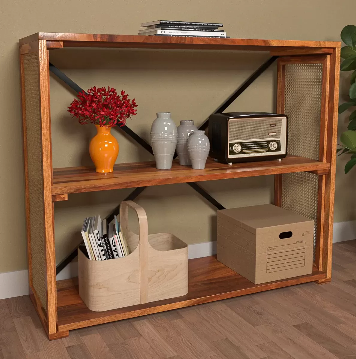 Modern Style Cane Wooden Console Storage Rack in 