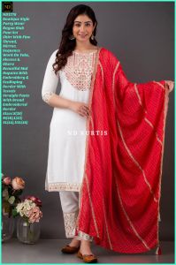Ladies Suit in elegant White with Red Dupatta