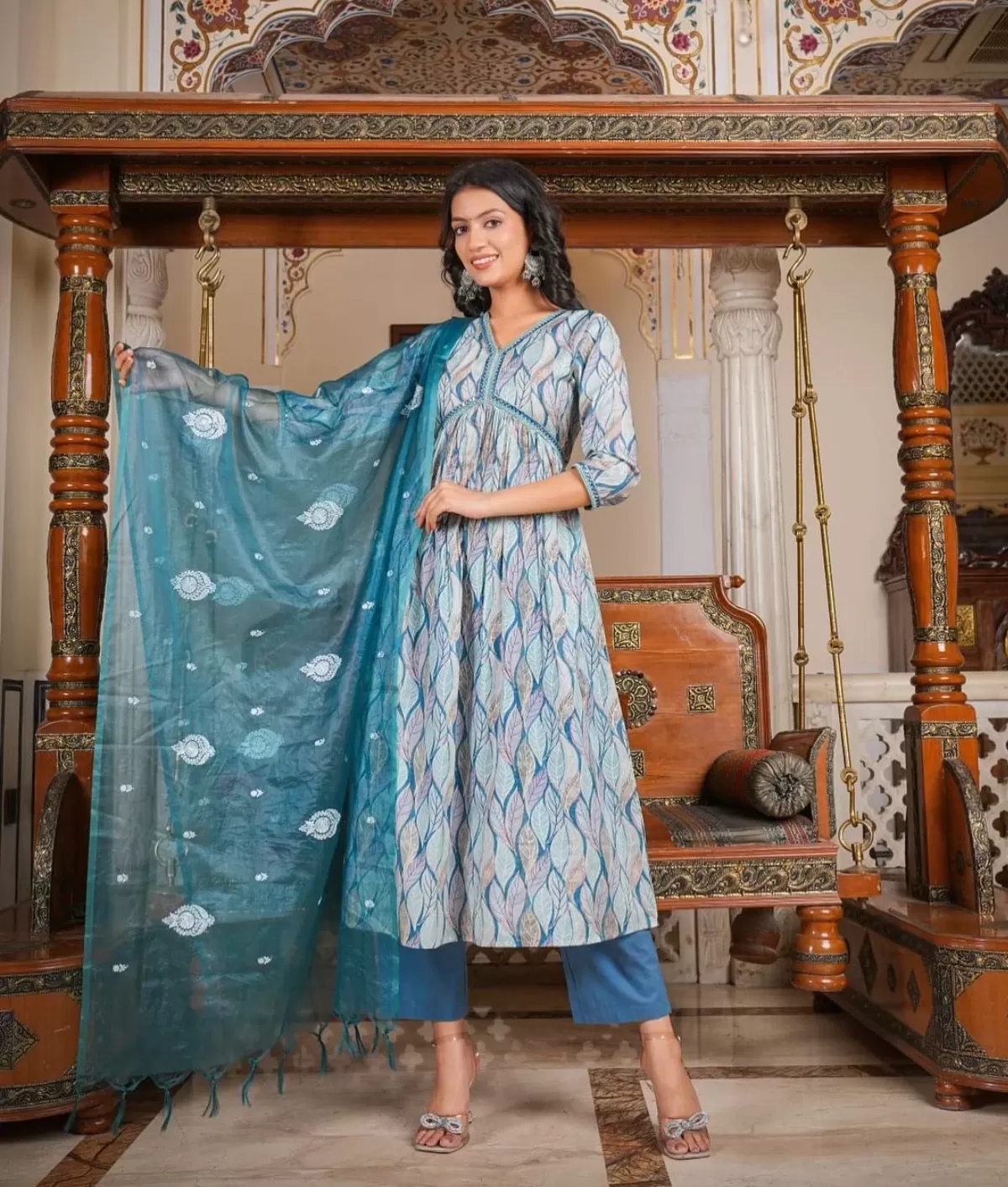 3 Piece Alia Cut Suit, Cotton Mal-Mal Fabric, Heavy Chanderi Dupatta