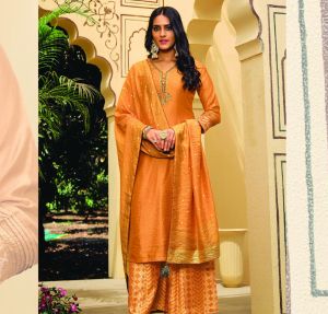 Embroidered Top Yellow Chanderi Suit 3 Piece with viscose bottom